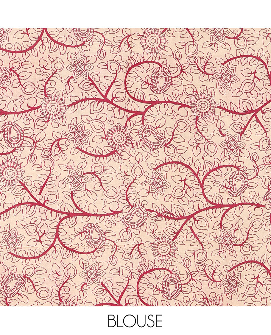 Multi-Color Machine-Printed Kalamkari Cotton Saree, Artfully Printed with Kolam and Human Motif Enclosed Checks on Its Body, Complemented by a Contrast Pichwai Cow Printed Border, Pallu of Floral Vine Print, and Paired with a Printed Blouse