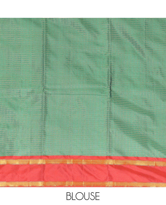 Green checked gift saree with contrast rettai pettu zari border & striped pallu