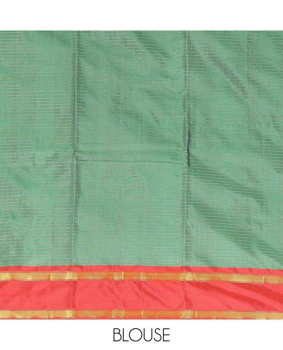 Green checked gift saree with contrast rettai pettu zari border & striped pallu