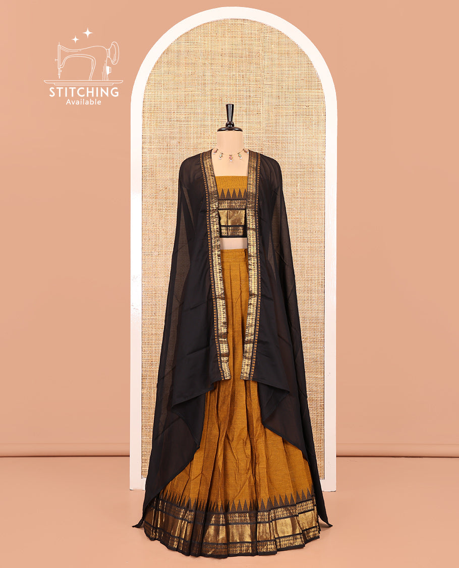 Mustard-Black Chettinad Cotton Half-Saree Set Featuring a Plain Skirt, Contrast Temple Traditional Design Border, a Matching Blouse, and a Contrast Zari-Bordered Dhavani