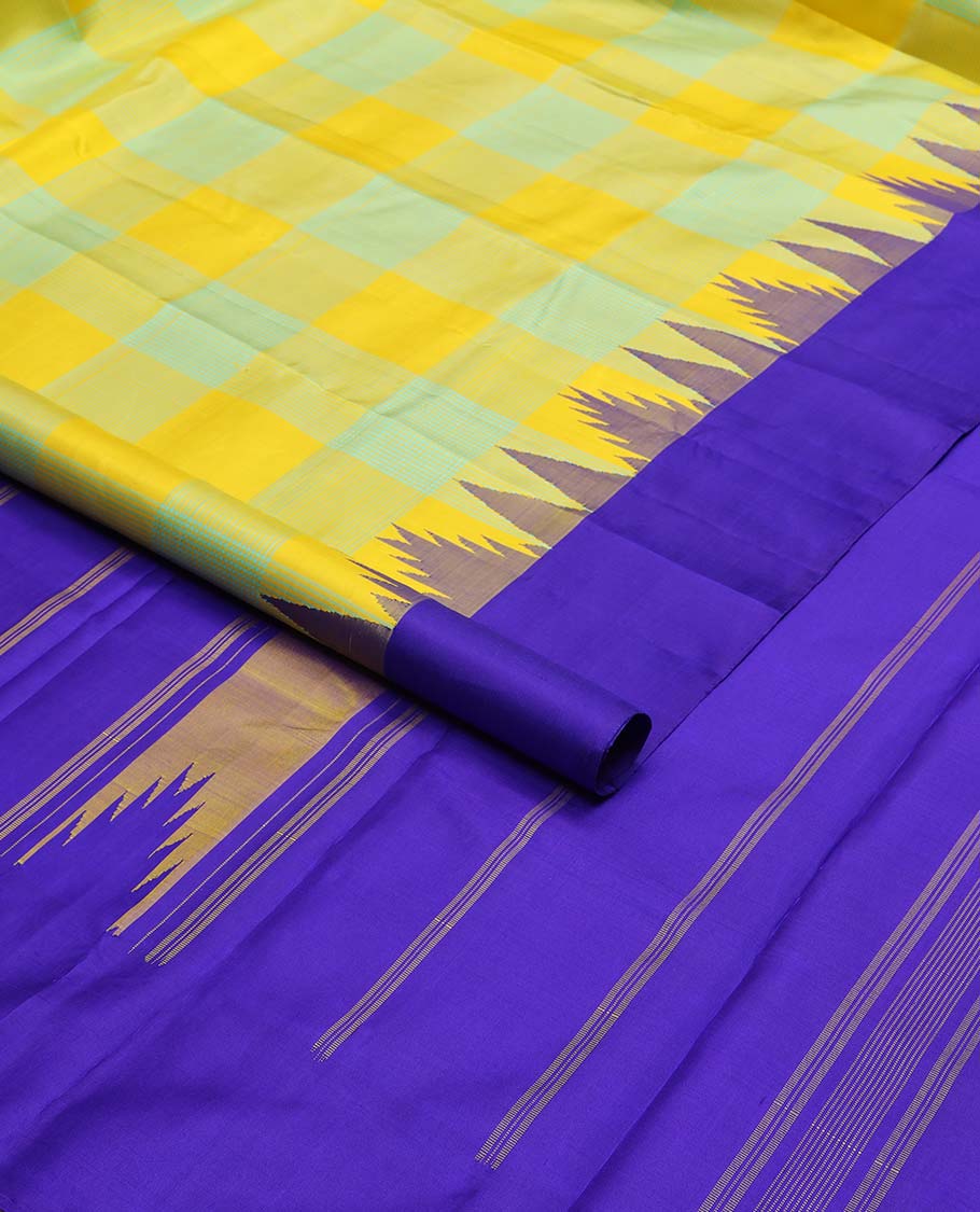Multi-color checked kancheepuram silk saree with contrast temple border & striped pallu