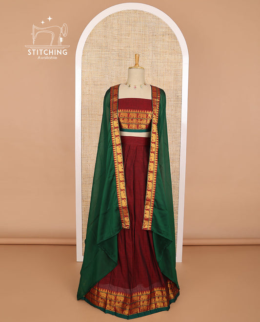 Red cotton half saree with contrast intricate zari design border, zari design blouse & plain, zari design border dhavani