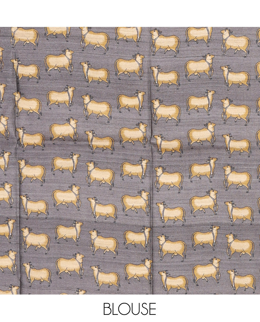 Mustard Tussar Silk Saree, Sparsely Threaded with Stripes, Complemented by a Contrast Pichwai Cow-Lotus Print Border, Printed Pallu, and a Contrast Blouse