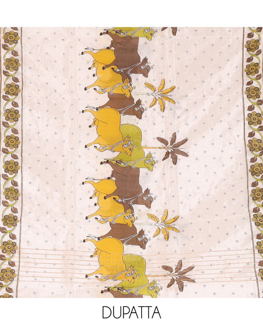 Yellow Material Chudidhar Set, Delicately Woven with Dotted Stripes and Buttas on Its Semi-Silk Top, Plain Cotton Bottom, and Semi-Silk Dupatta Illustrating Pichwai Cow and Floral Print