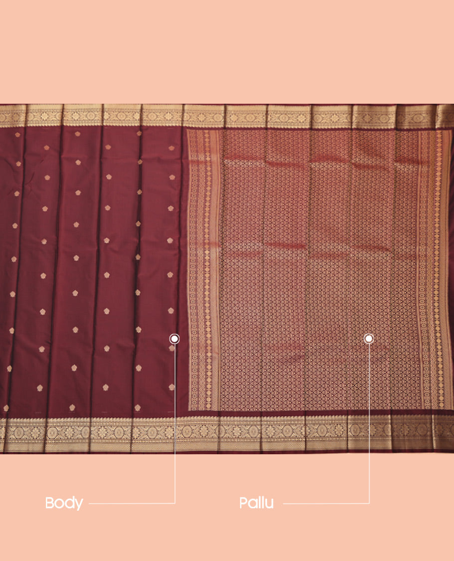 Maroon Budget Silk Saree, Woven with Zari Buttas, Highlighted by a Traditional Zari Border, Jaal Pallu, and Matching Blouse