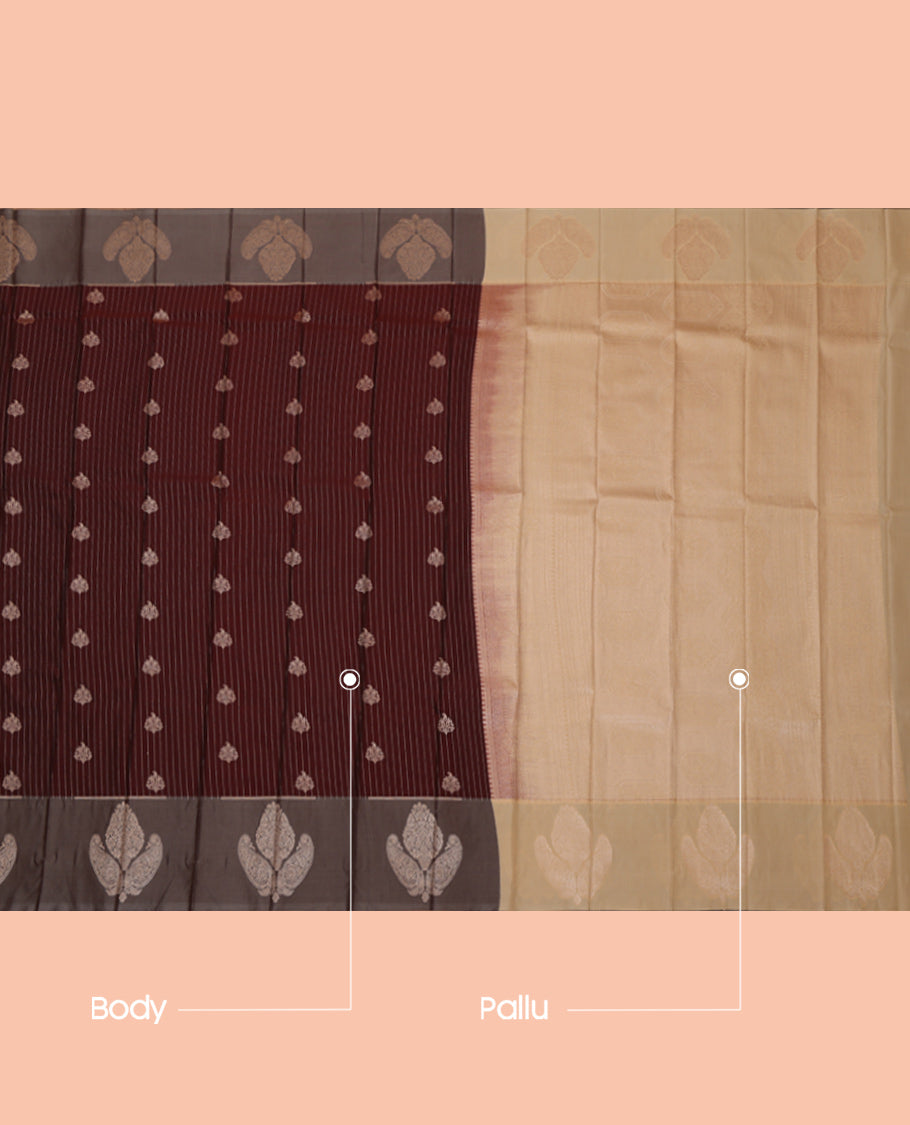 Maroon Budget Silk Saree, Spotlighted with Zari Buttas and Stripes, Complemented by a Contrast Zari Motif Border, Intricate Pallu, and a Contrast Blouse