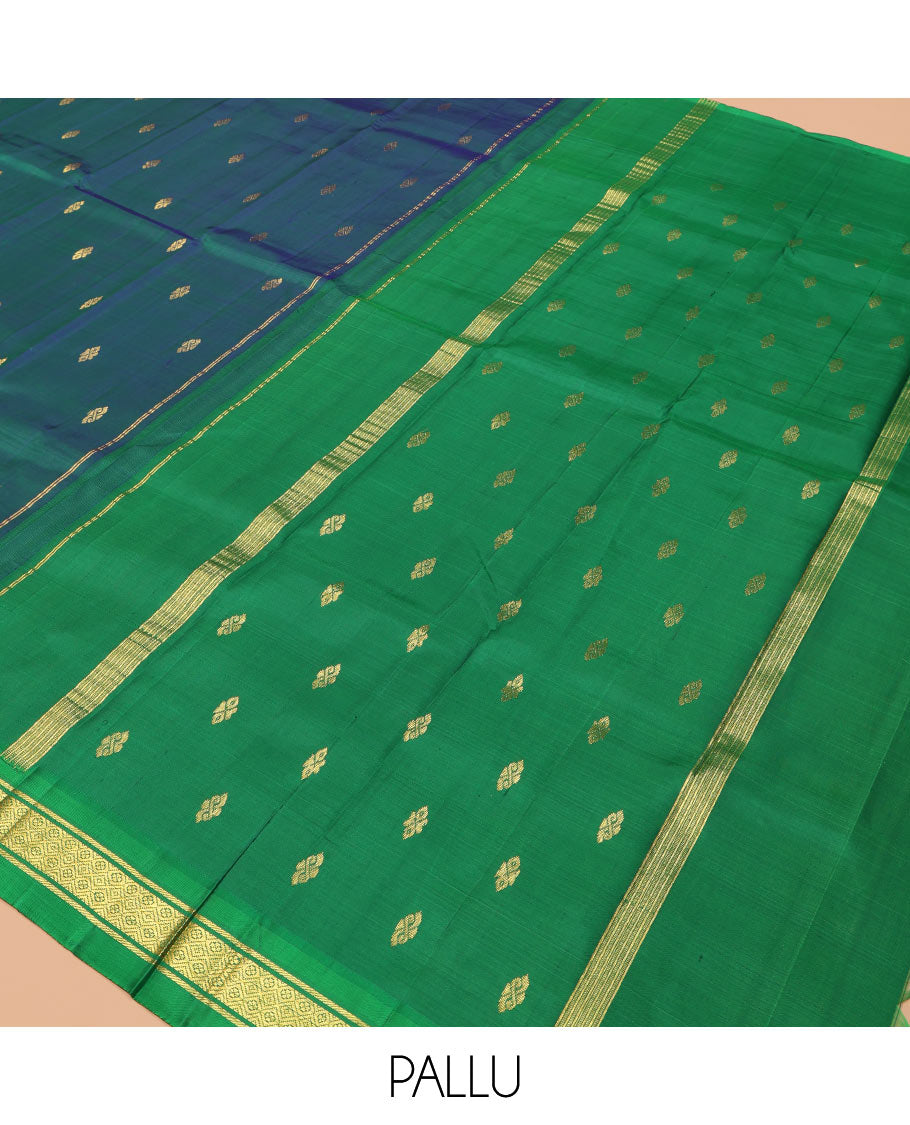 Blue Kanchipuram Silk Saree Featuring Zari Buttas, Complemented by a Contrast One-Sided Border of Banaras, and Jaal Design, Zari Design Pallu, and a No Blouse