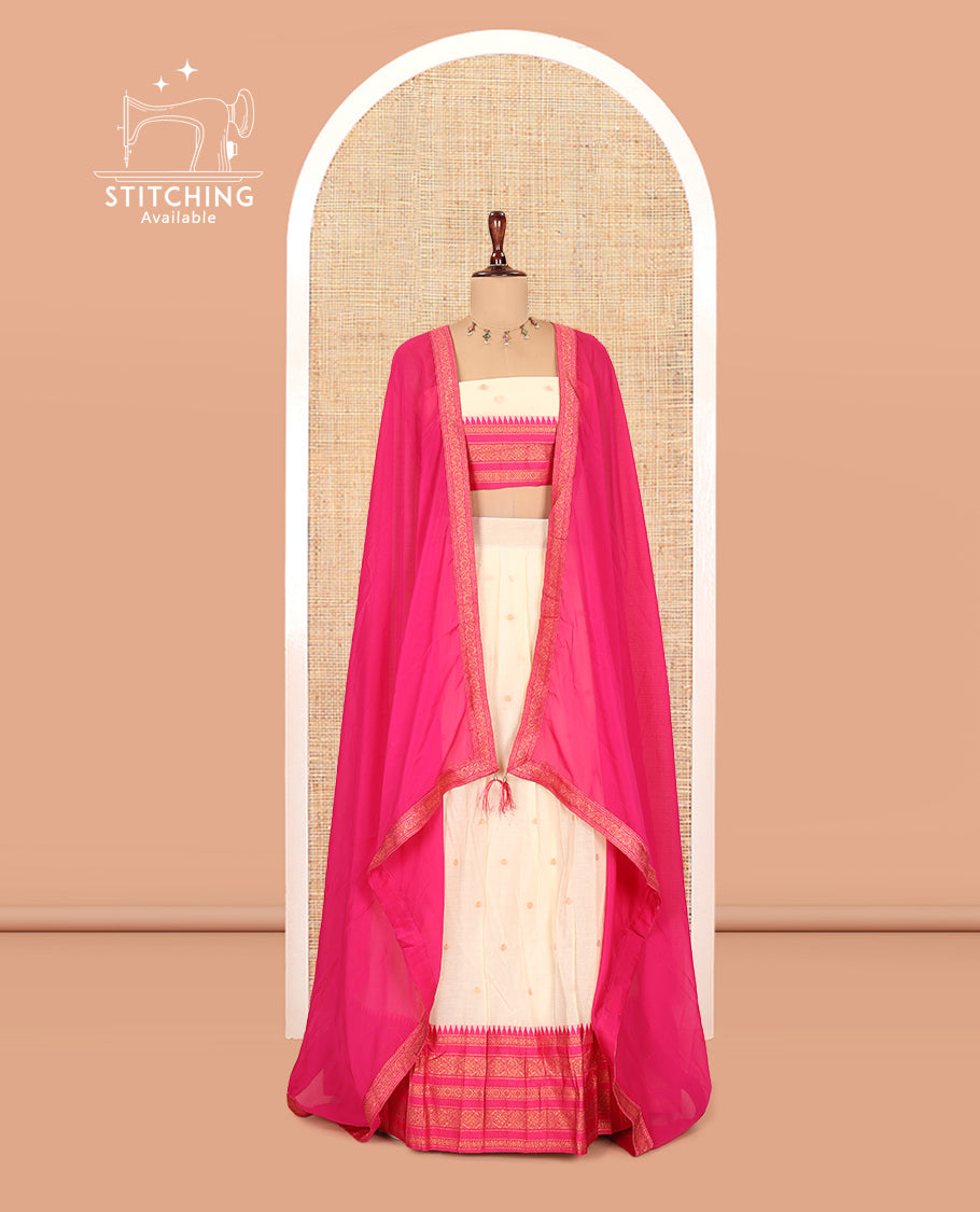 Sandal-Rani Pink Banaras Kota Half-Saree, Zari Buttas Skirt, Contrast Traditional Border, Matching Blouse, Contrast Dhavani