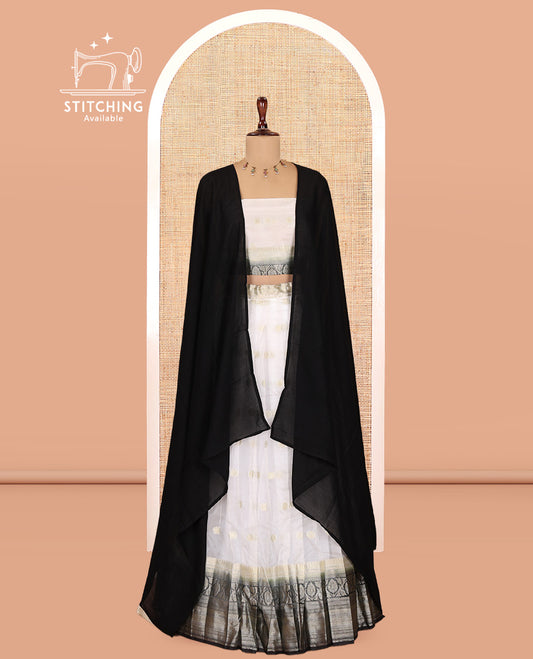 Cream-Grey Organza Half-Saree Features Zari Buttas Skirt, Contrast Traditional Border, Matching Blouse, Contrast Dhavani