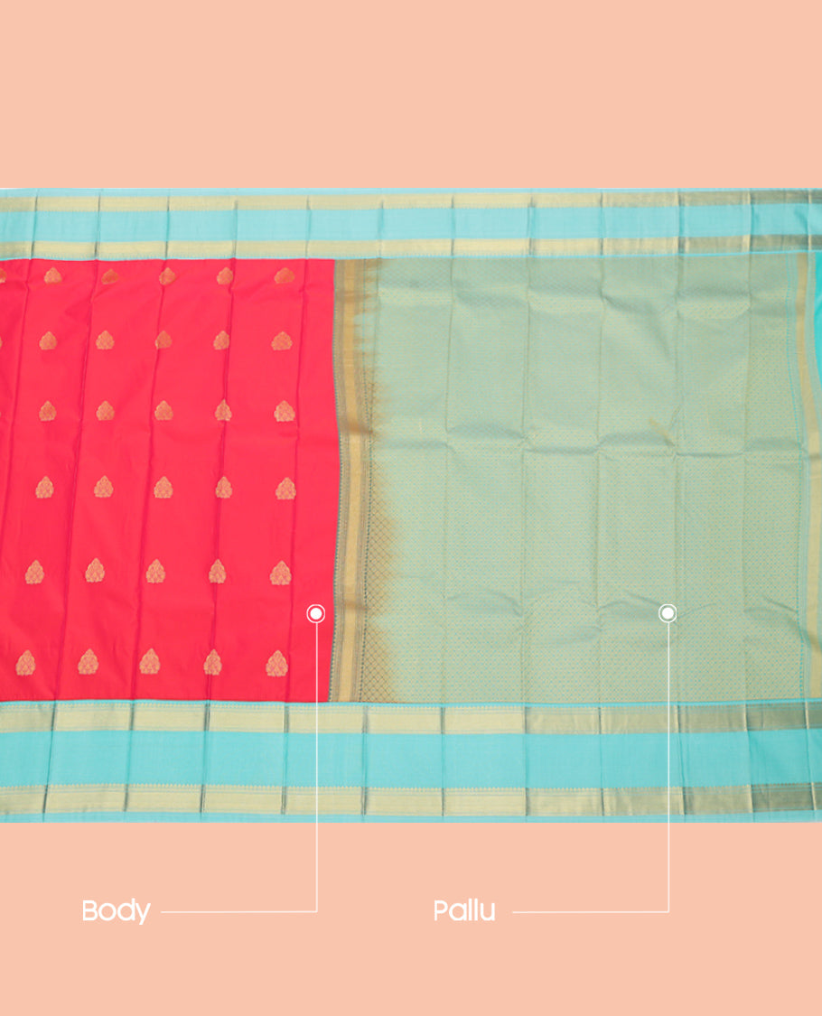 Red Budget Silk Saree, Spotlighted with Zari Buttas, Complemented by a Contrast Traditional Zari Rettai Pettu Border, Jaal Pallu, and a Contrast Blouse