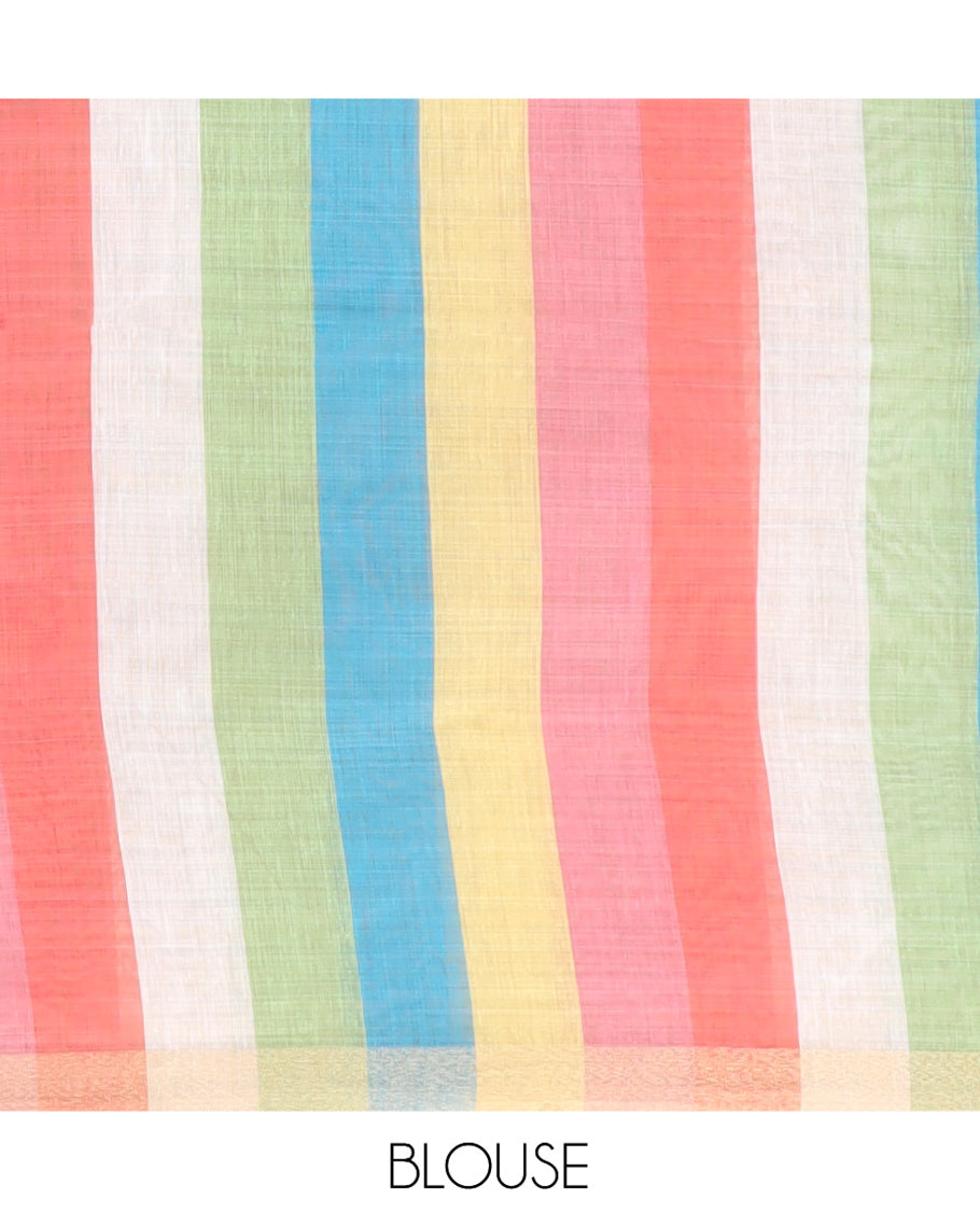 Brick Red Plain Semi-Tussar Saree, a Zari Border, Multi-Colored Striped Pallu, and a Contrast Blouse