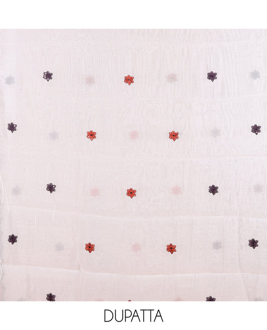 Cream-Dark Purple Mul Chanderi Material Chudidar, Floral Embroidery Top, Matching Bottom, Floral Embroidery Dupatta