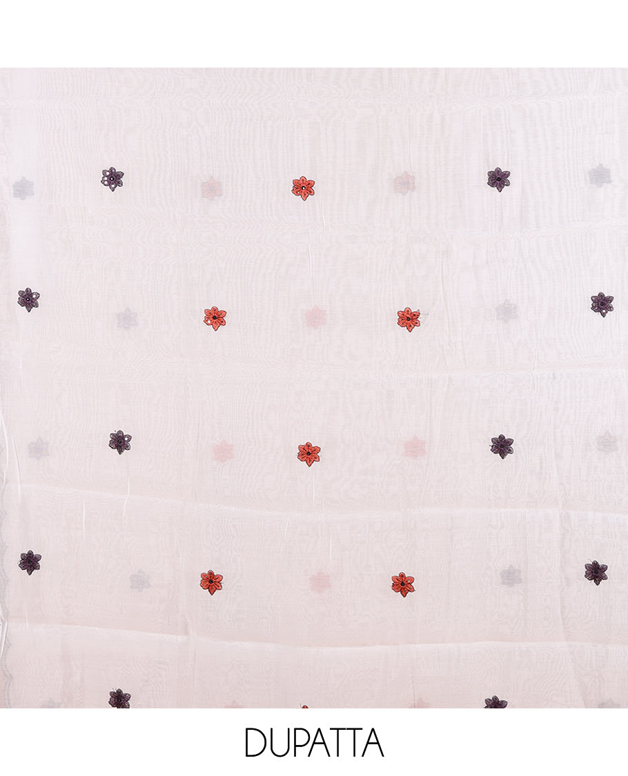 Cream-Dark Purple Mul Chanderi Material Chudidar, Floral Embroidery Top, Matching Bottom, Floral Embroidery Dupatta