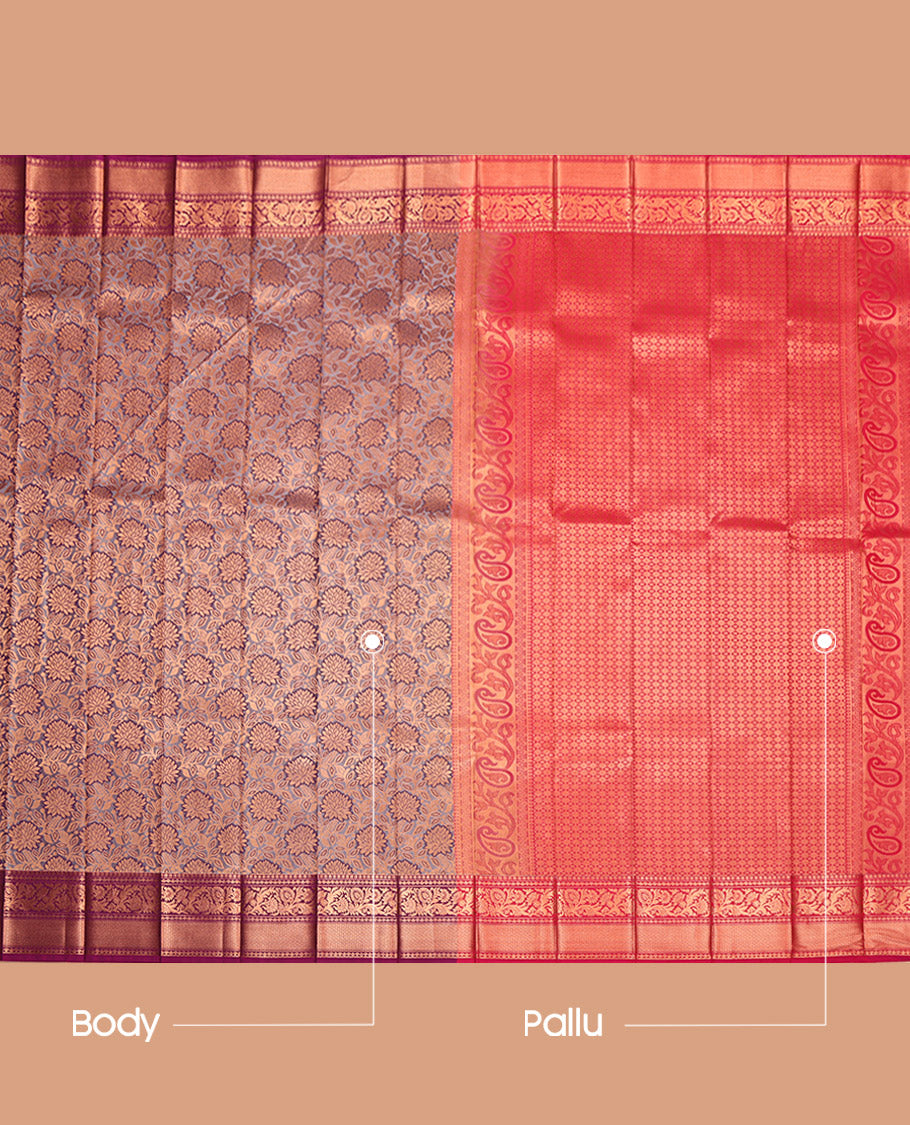 Grey Budget Silk Saree, Impeccably Styled with Jacquard, a Contrast Traditional Zari Border, Grand Pallu, and a Contrast Blouse
