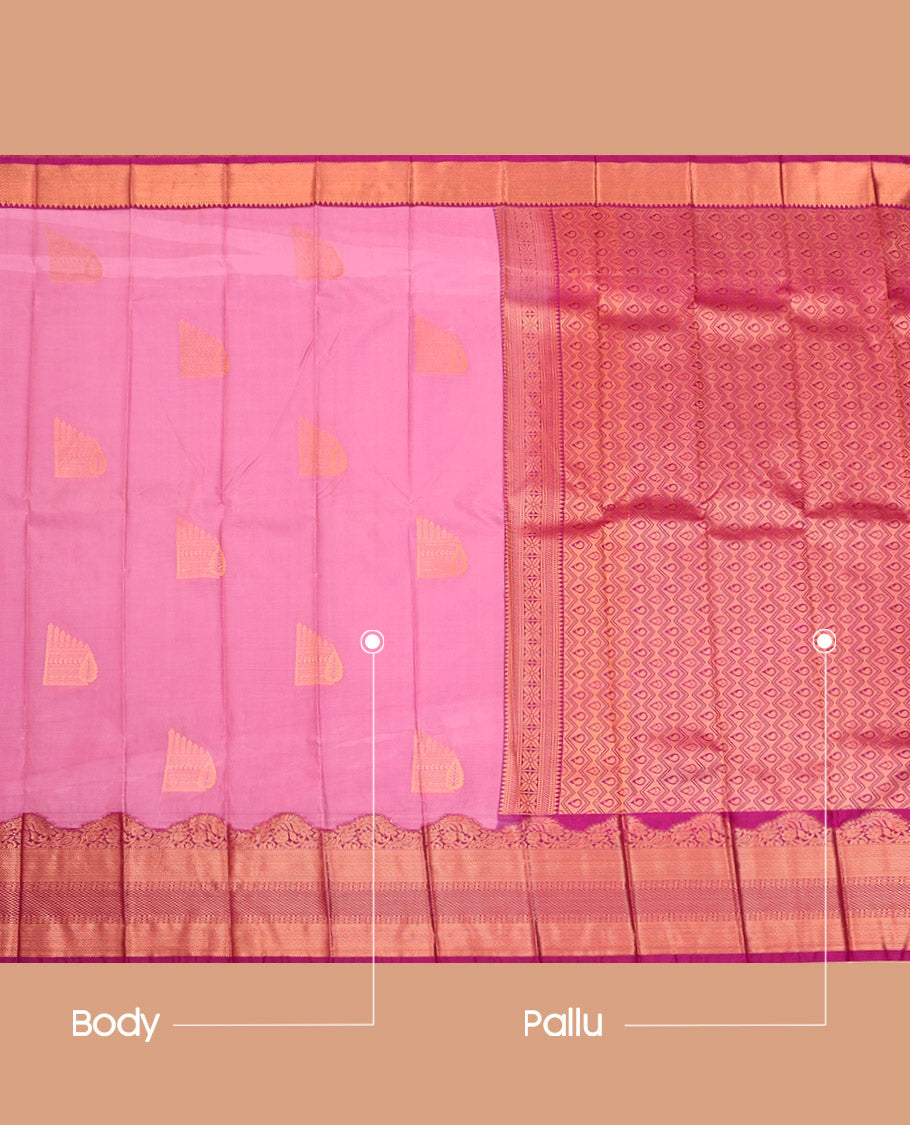 Pink Budget Silk Saree, Adorned with Zari Buttas on Its Body, Complemented by a Contrast Traditional Zari Design Border, Pallu of Chevron and Paisley Design, and Paired with a Contrast Blouse