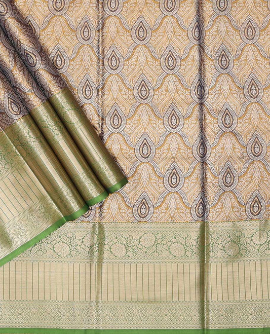 Brown floral jaal art silk pavadai material with contrast traditional zari design border & zari design blouse