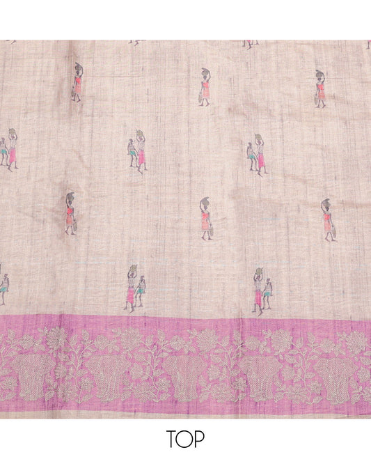 Chikku-Pink Semi-Tussar Material Churidar Set, Decked up with Human-Animal Motif Top, a Contrast Bottom, and Leaf-Elephant Motif Dupatta