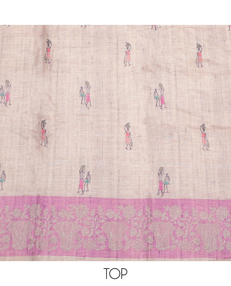 Chikku-Pink Semi-Tussar Material Churidar Set, Decked up with Human-Animal Motif Top, a Contrast Bottom, and Leaf-Elephant Motif Dupatta