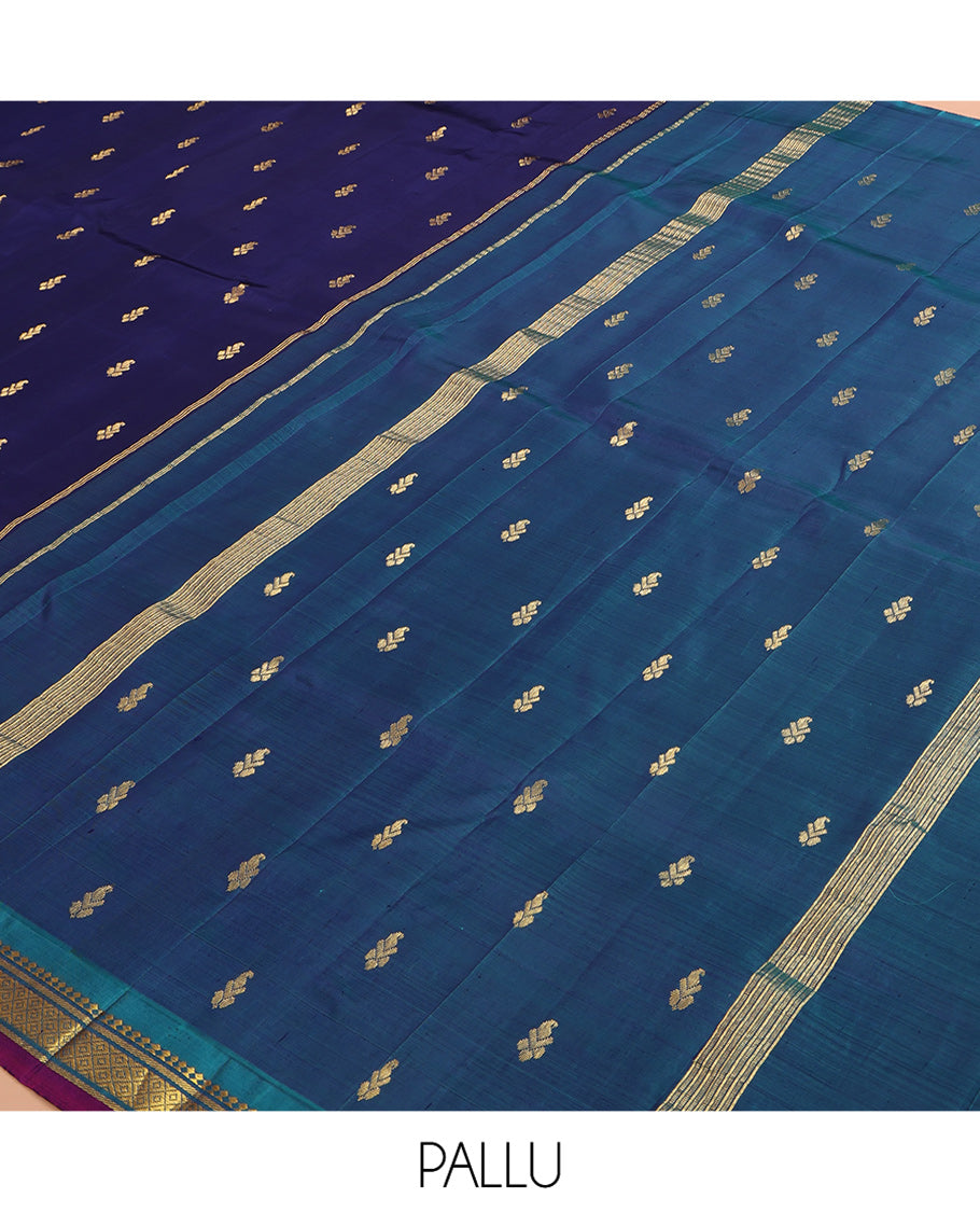 Blue Kanchipuram Silk Saree, Mesmerised with Zari Buttas, a Contrast One-sided Border of Panner Sombu, Banaras, and Mayil Kann Designs, Zari Woven Pallu, and No Blouse