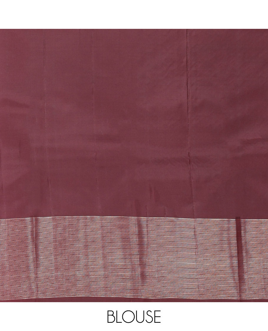 Coffee Brown Vasundhara Silk Saree, Finely Crafted with Raindrop Buttas, and Annam Chakram Bu\ttas on Its Body, Highlighted by a Zari Geometric-Textured Border, Gleaming Copper-Colored Zari Pallu of Jaal Designs, and Paired with a Matching Blouse
