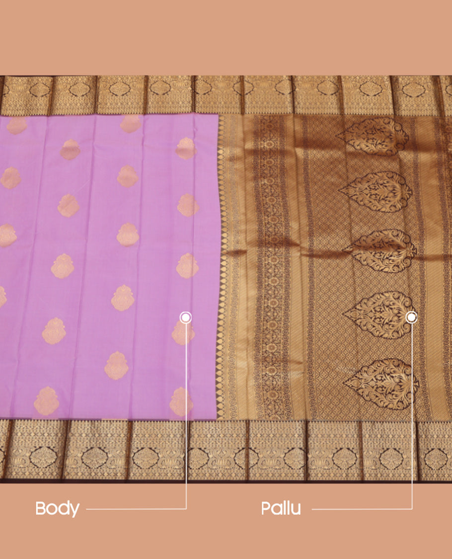 Lavender Budget Silk Saree, Woven with Zari Buttas, a Contrast Traditional Border, Grand Pallu, and a Contrast Blouse