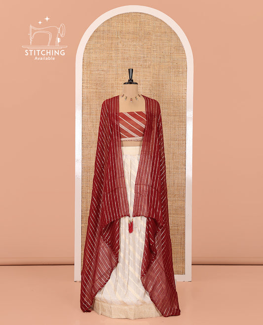 Cream-Maroon Semi-Banarasi Half-Saree Features Leheriya Striped Skirt, Contrast Leheriya Striped Blouse, Georgette Striped Dhavani