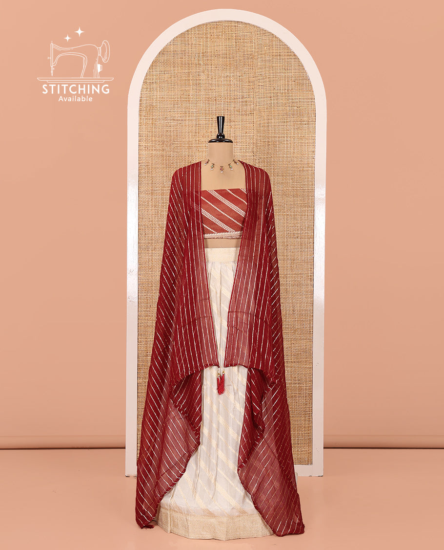 Cream-Maroon Semi-Banarasi Half-Saree Features Leheriya Striped Skirt, Contrast Leheriya Striped Blouse, Georgette Striped Dhavani
