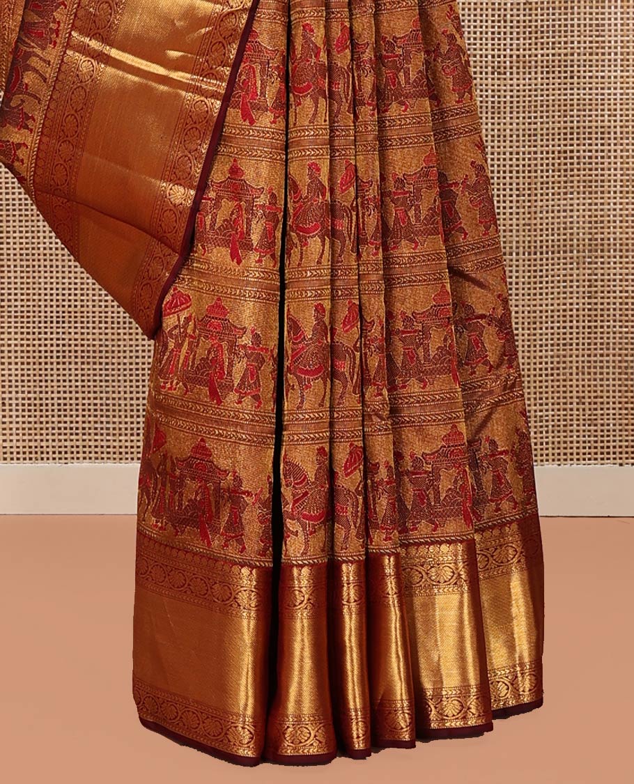 Maroon Kanchipuram Wedding Silk Saree, Gracefully Embellished with King and Queen Wedding Theme Jacquard Weave, Highlighted by Zari Border of Manga Mokku, and Kodi Visiry Designs, Chevron Striped Pallu and Paired with a Matching Blouse