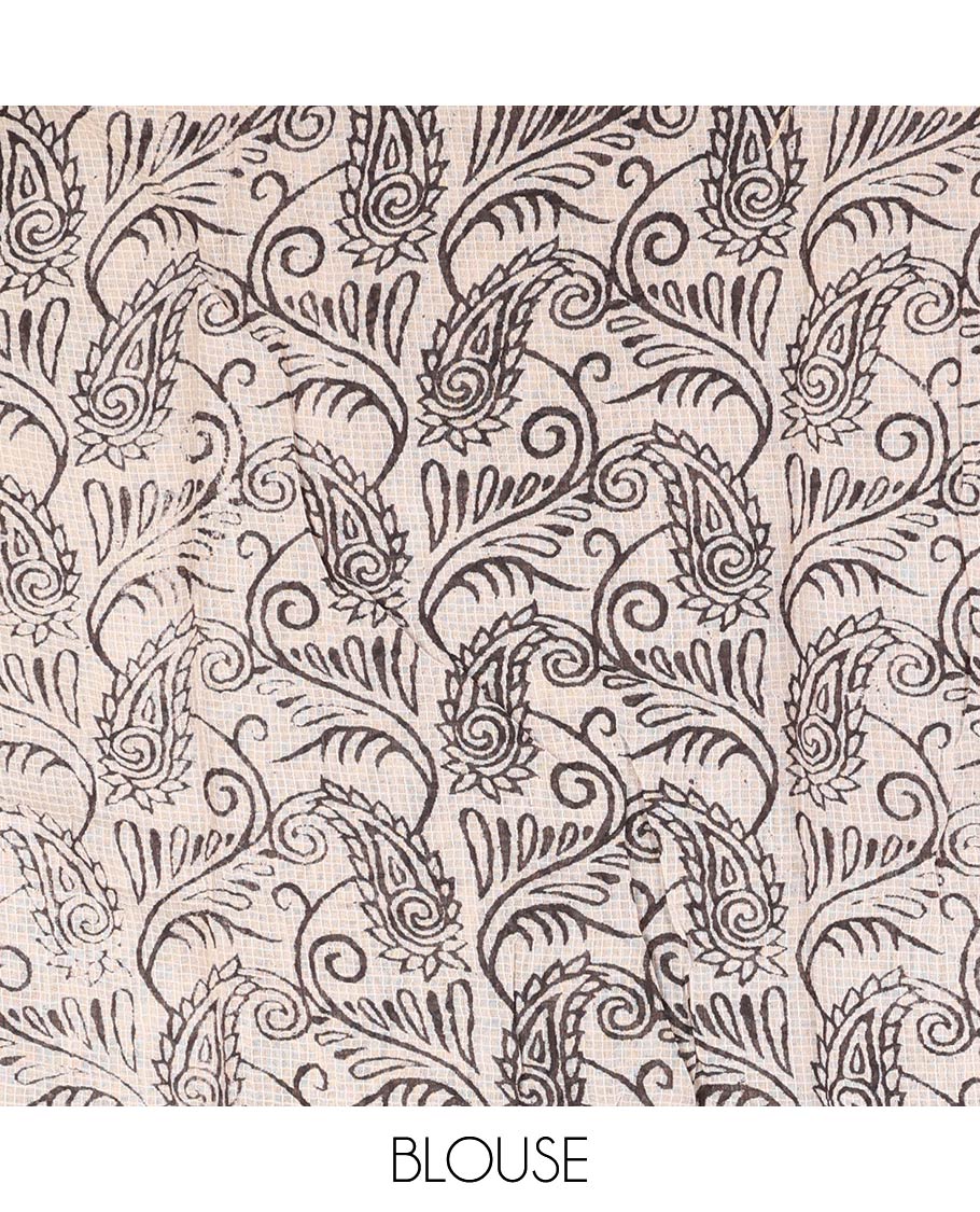 Black Machine-Printed Kalamkari Cotton Saree Features Human Motifs, a Piping Border, Pallu of Peacocks, and a Matching Blouse