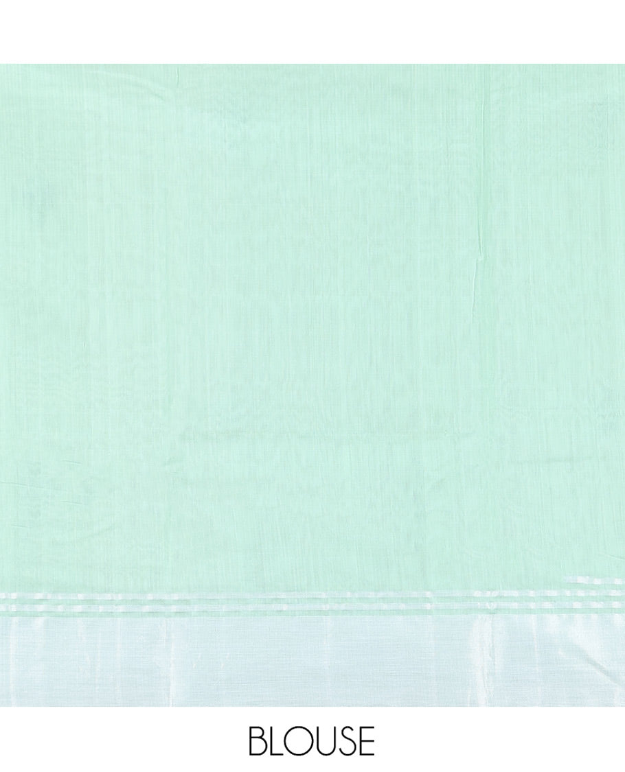 Green Chanderi Cotton Saree, Subtly Decked up with Floral Buttas All Over Its Body, Highlighted by a Bavanji Border, Pallu Steeped with Zari Stripes, and Paired with a Matching Blouse