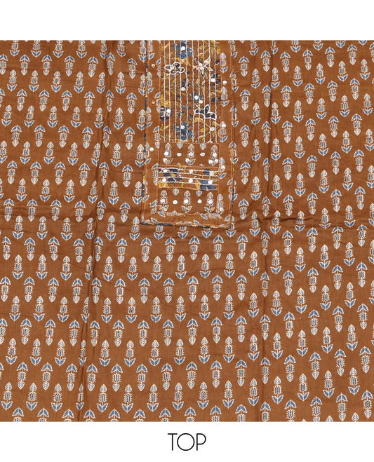 Brown Material Chudidar Set, Embellished with Floral Block Print and Neck Work Cotton Top, a Floral Printed Cotton Bottom, and Paired with Floral Printed Dupatta