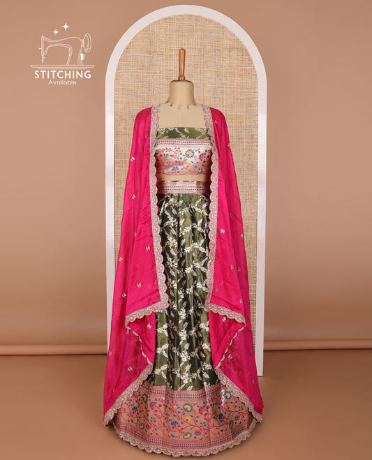 Bottle green floral jacquard banaras half saree with contrast floral design border, floral design blouse & floral embroidery dhavani