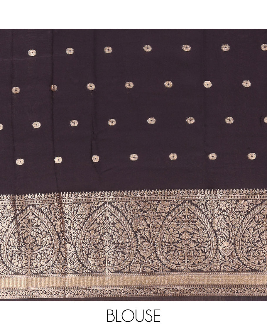 Green Assam Silk Saree, Highlighted by Zari Buttas, Complemented by Contrast Intricate Zari Border,  Zari Woven Pallu, and Contrast Blouse