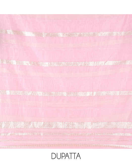 Pink Mul Chanderi Material Chudiddar, Embroidered Top, Plain Bottom, Zari Striped Dupatta