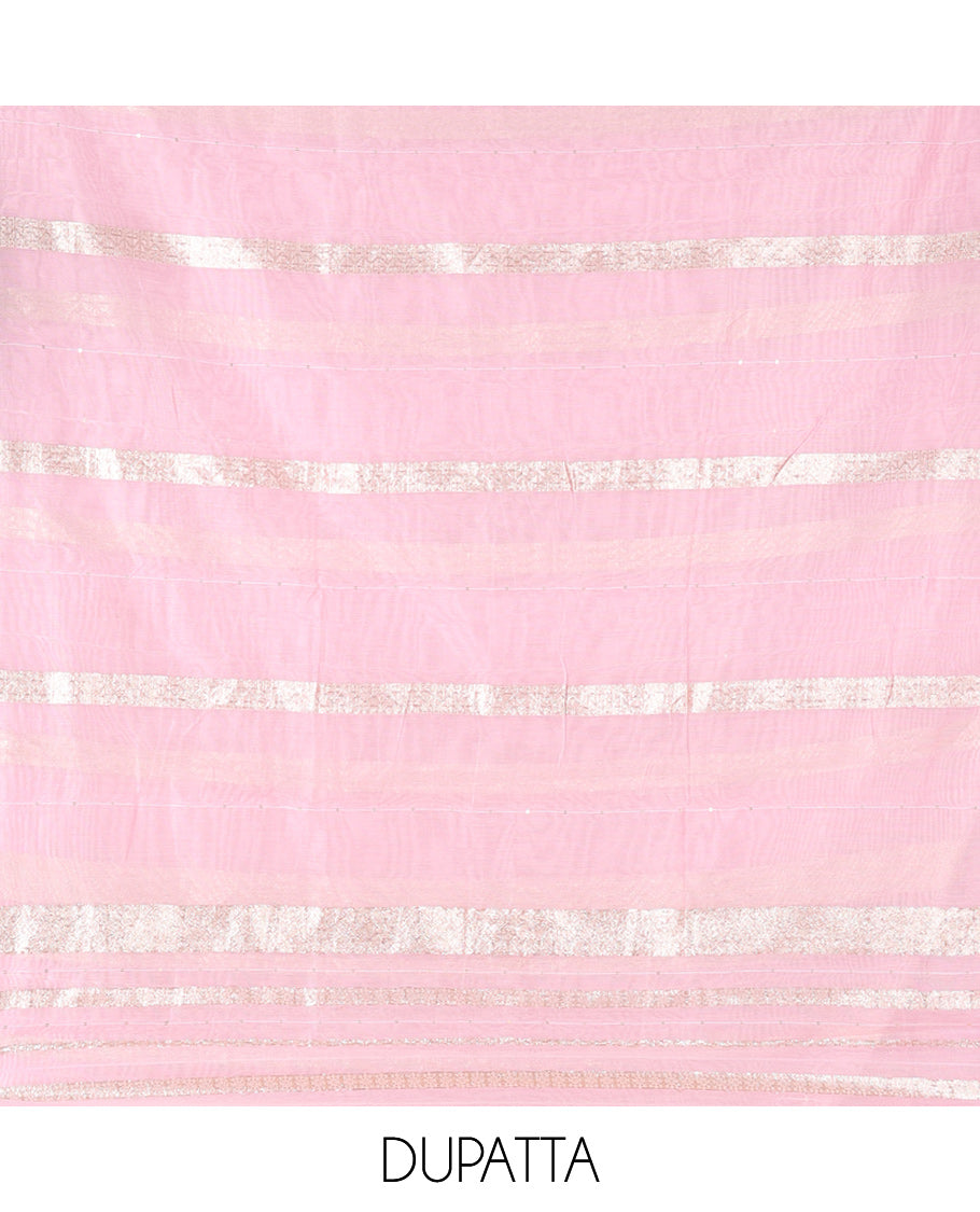 Pink Mul Chanderi Material Chudiddar, Embroidered Top, Plain Bottom, Zari Striped Dupatta
