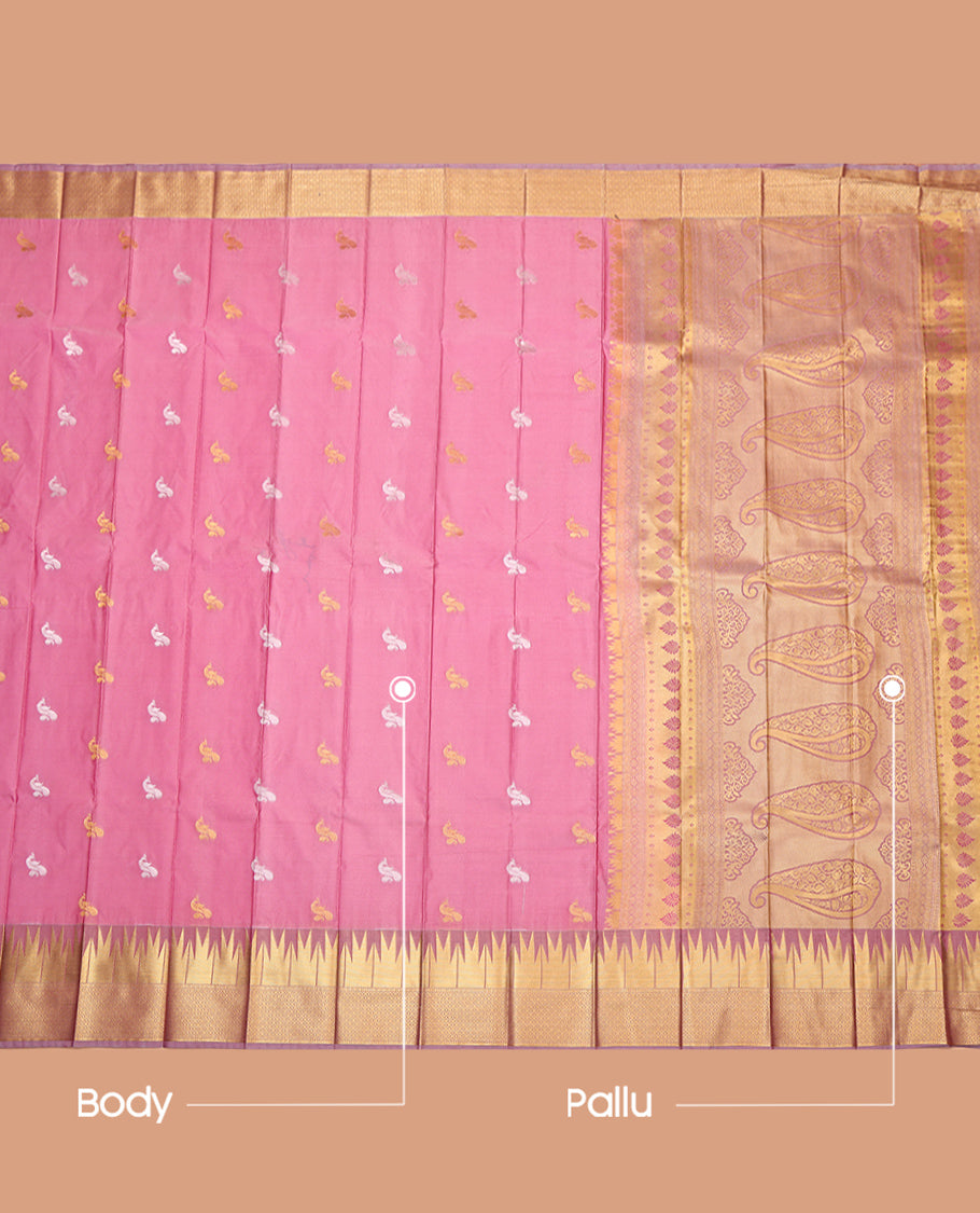 Pink Budget Silk Saree, Artfully Woven with Peacock Buttas, Complemented by Contrast Traditional Temple Zari Border, Intricate Pallu, and Contrast Blouse