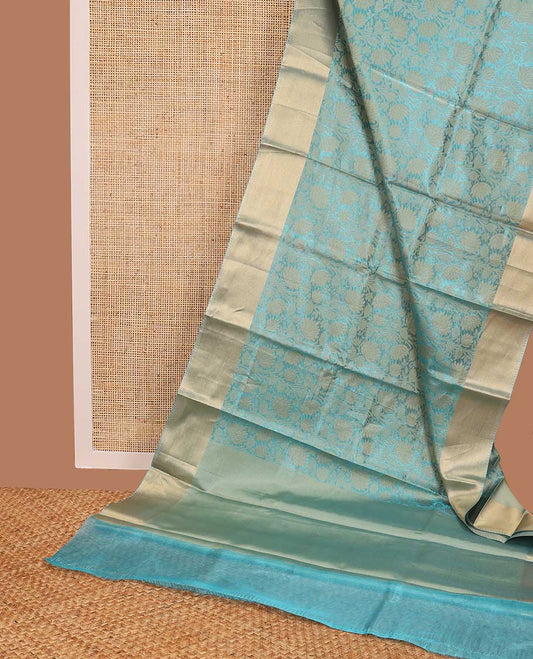 Blue floral jacquard tissue saree with contrast striped border & zari design pallu
