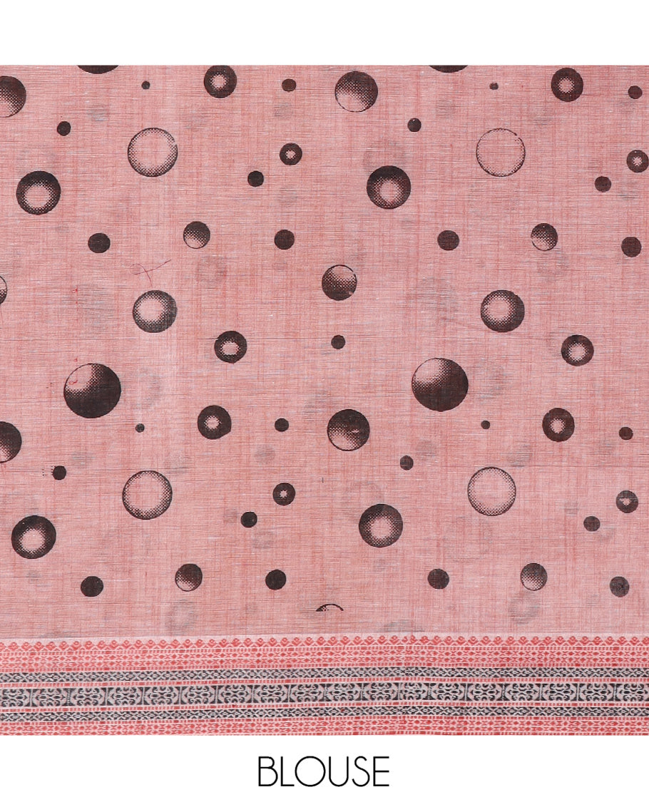Off-White Handloom Cotton Saree Features Tree and Human Motifs, a Traditional Thread Border, Striped Pallu, a Contrast Blouse