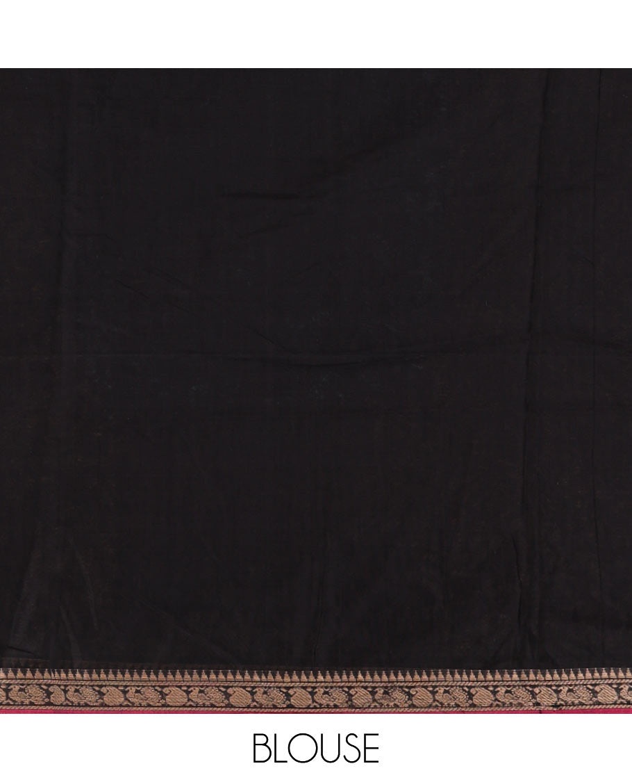 Black plain mercerised cotton saree, contrast temple traditional border, striped pallu, and a matching blouse