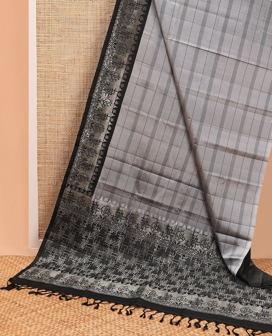 Grey striped mayuri soft silk saree with contrast intricate design border & abstract design pallu