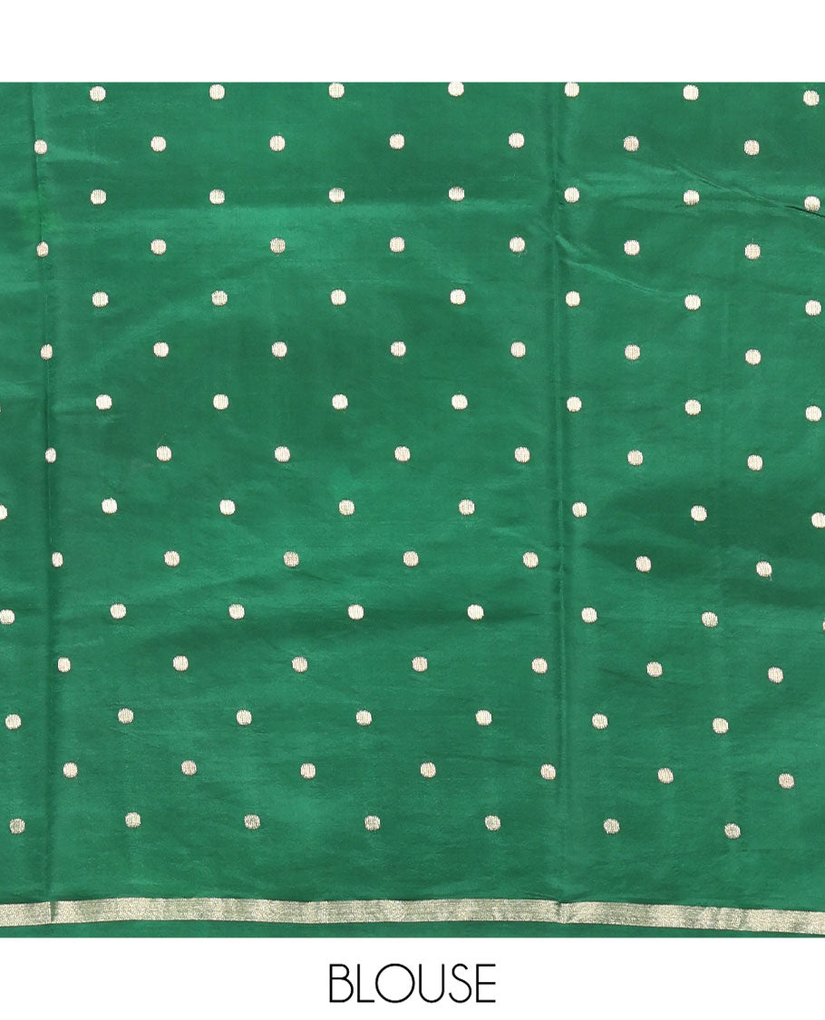 Green Dupion Silk Saree Features Half-And-Half and Zari Buttas, and Checks, Complemented by a Contrast Traditional Zari Border, Zari Striped Pallu, and a Contrast Blouse
