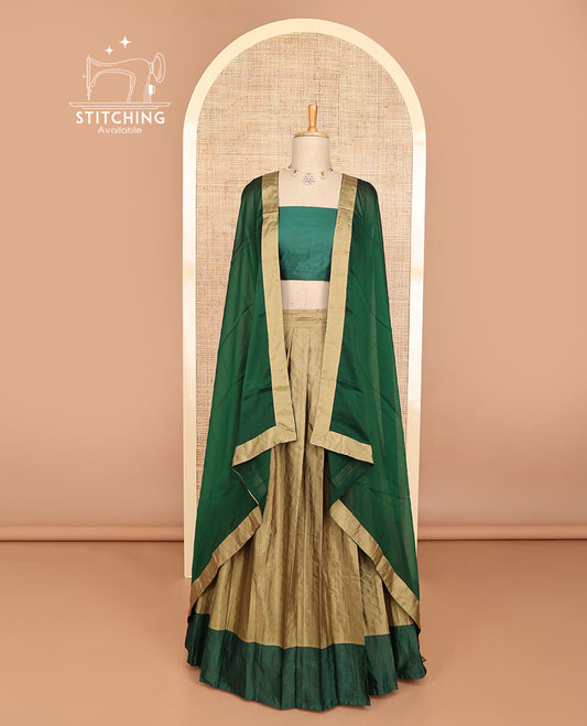 Pale brown striped half saree with contrast border, plain blouse & plain, checked border dhavani