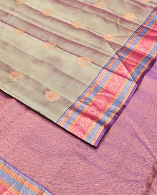 Green zari buttas vasundhara silk mix saree, contrast jaal pallu & border of thilakam,banaras,poun,neli & mayil