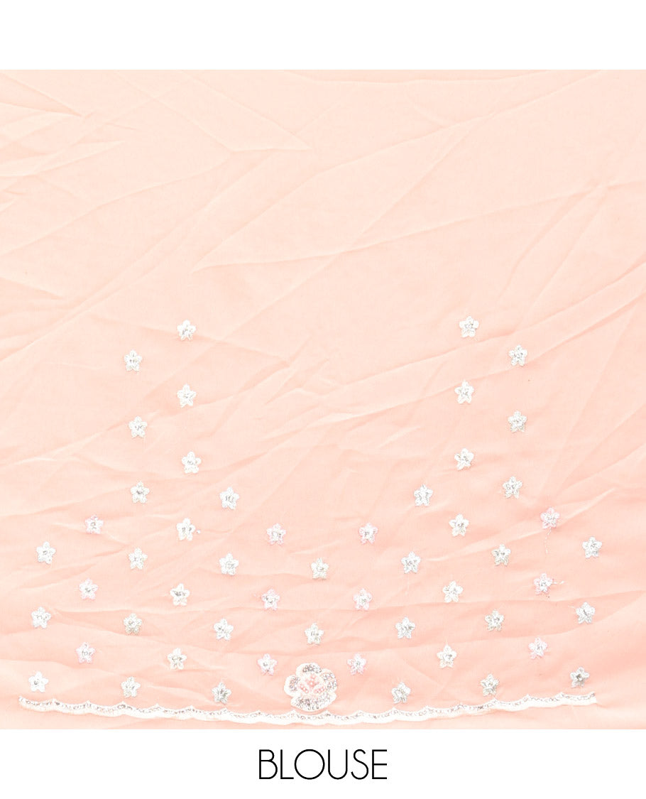 Peach Designer Saree, Impeccably Styled with Floral-Paisley Embroidery, a Scallop Heavy Embroidered Border, and a Matching Blouse