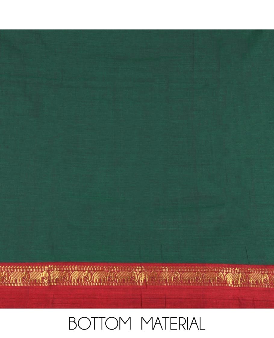 Green Plain Mercerised Cotton Material Churidar Set, Complemented by Contrast Elephant Motifs Woven Zari Border, Comes with a Plain Mercerised Cotton Bottom, and Is Paired with a Matching Mercerised Cotton Dupatta Mirroring the Same Design