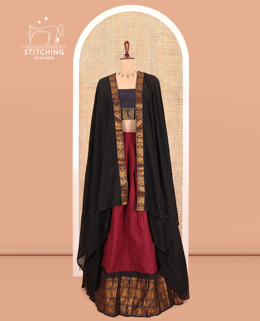 Maroon-Black Mercerised Cotton Half-Saree, Plain Skirt, Contrast Traditional Annam Border, Matching Blouse, Contrast Dhavani