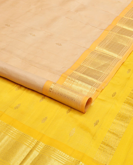 Sandal zari buttas Kanchipuram silk saree, contrast one-sided border of paneer sombu,banaras,muthu & jaal design & zari design pallu