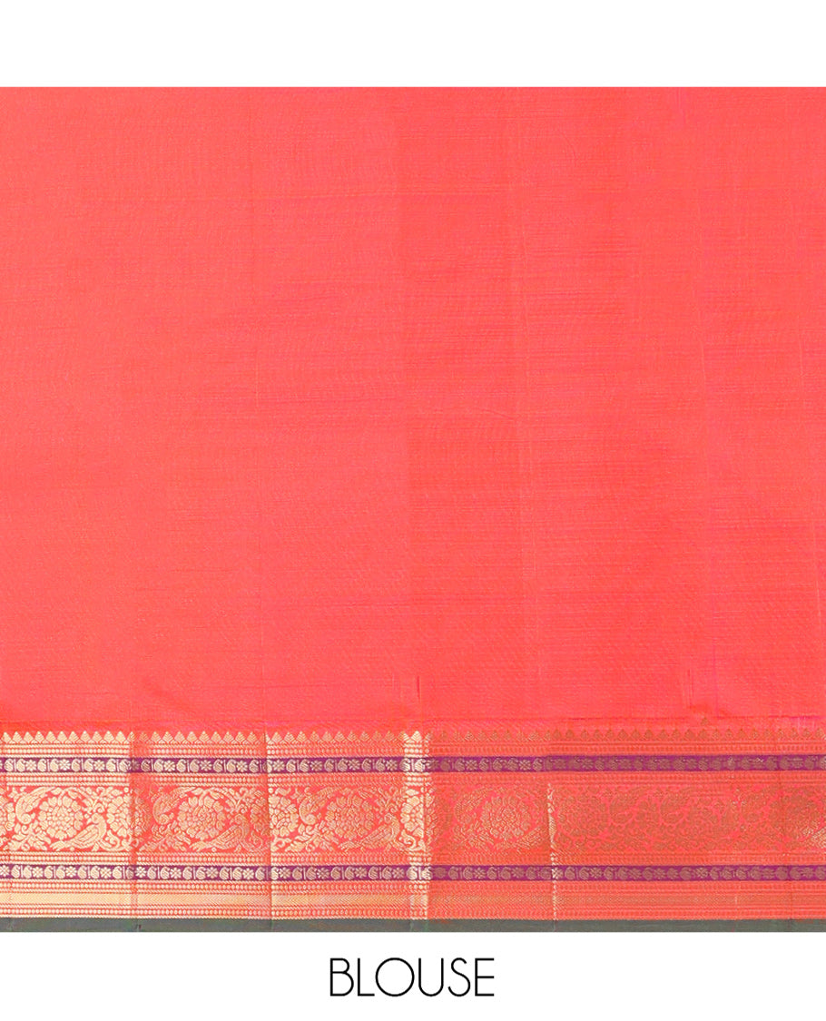 Yellow Vasundhara Silk Saree, Featuring Zari Buttas All Over Its Body, Complemented by a Contrast Border of Thilakam, Manga, Kamalam, Kathir, and Kodi Visiry Designs, Grand Jaal Pallu, and Paired with a Contrast Blouse