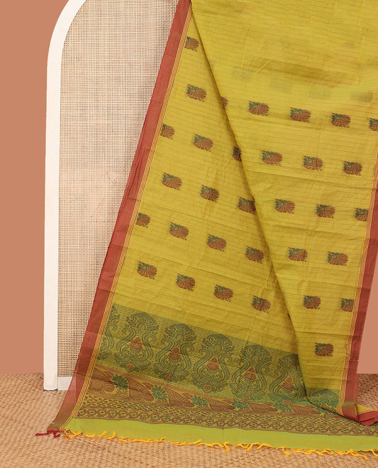 Green Kanchi Cotton Saree, Bedecked with  Stripes and Thread Buttas All Over Its Body, Complemented by a Contrast Border, Pallu Features Intricate Designs, and Paired with a Matching Blouse