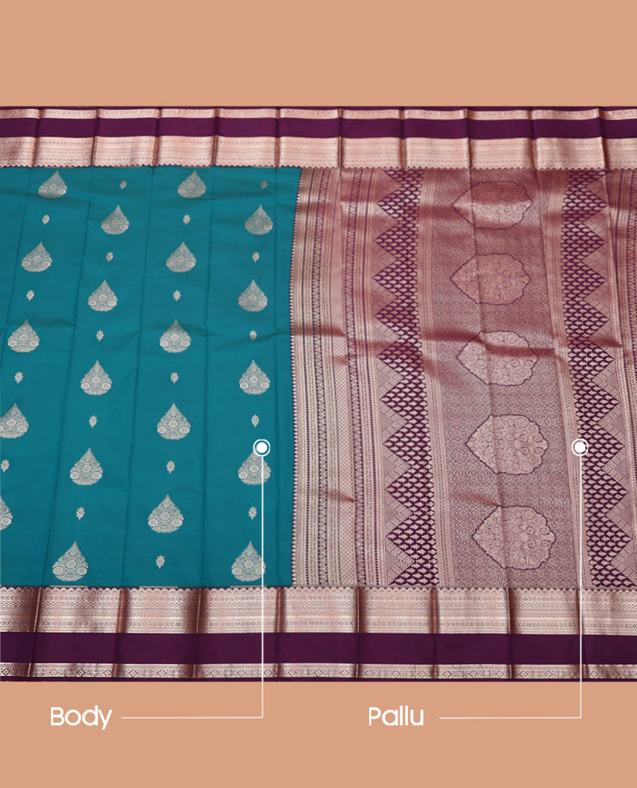 Blue Budget Silk Saree, Graced with Zari Buttas, Complemented by a Contrast Rettai Pettu Traditional Zari Border, Grand Pallu, and Contrast Blouse